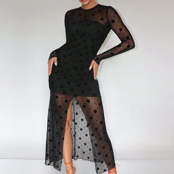 Black Preppy Womens Polka Dot Print Split Thigh Mesh Dress - Picture 5 of 5